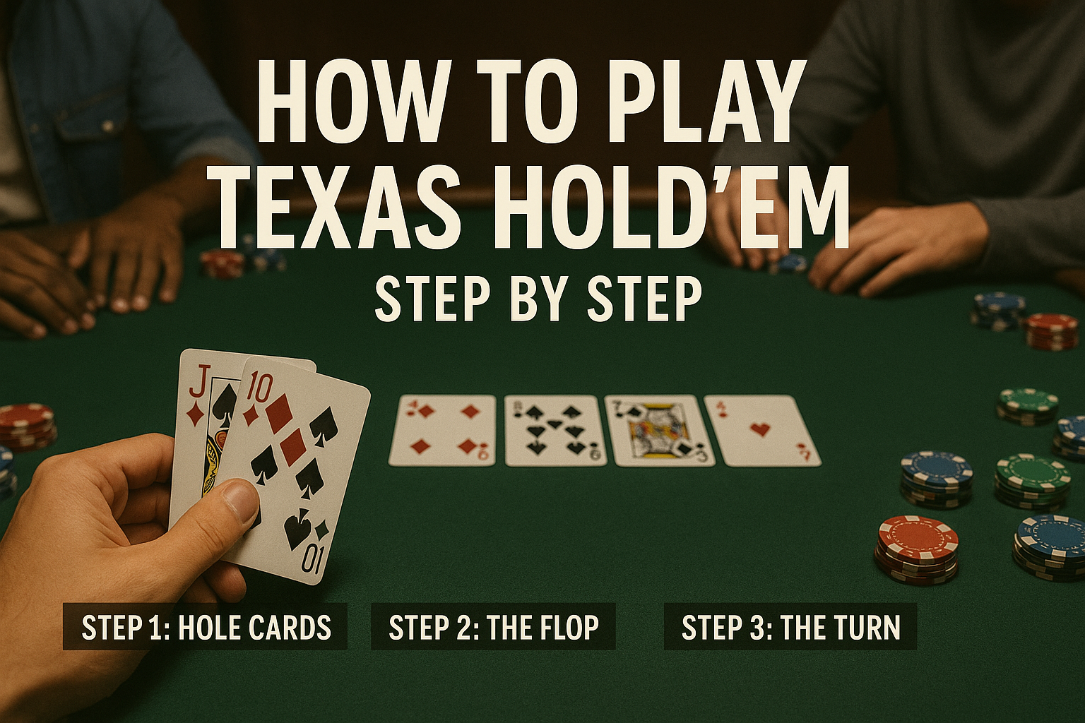 hands and a tabel with cards. texas holdem